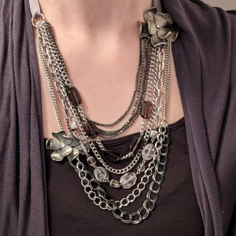 3/$15 | Mexx Multi-layer Chain Necklace with Beads, Flowers, Silver Toned - Picture 4 of 4